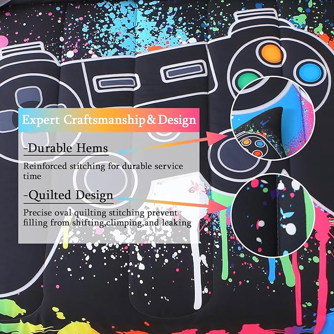JQinHome Twin Gamer Comforter Sets for Boys,6 Piece Bed in A Bag 3D Video Gamer Bedding -All Season Microfiber Gaming Bedding Set for Kids, with Sheet Sets (Black Gaming)