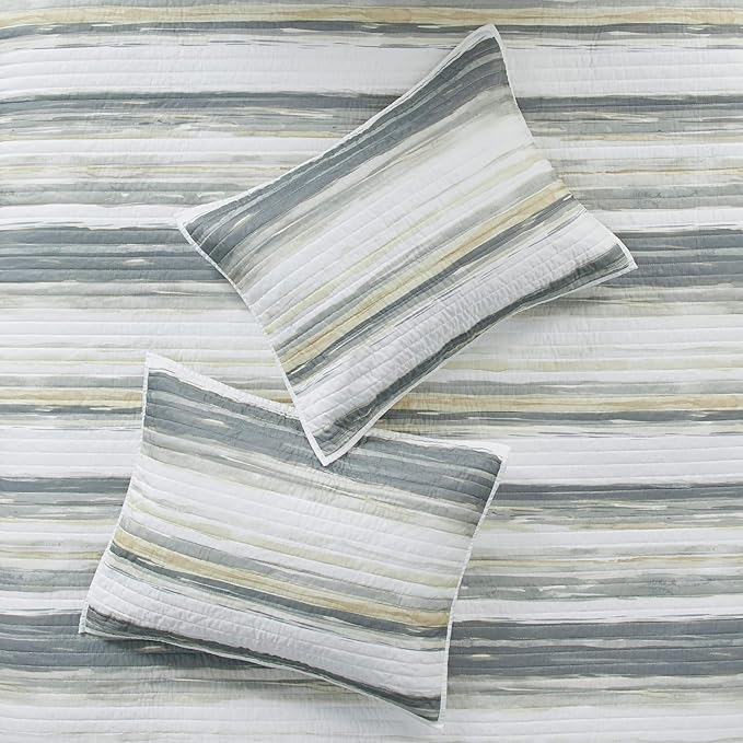 Madison Park Quilt Set Cottage Coastal Design, 6 Piece Set - All Season, Coverlet Bedspread Lightweight Bedding Layer, Shams, Toss Pillows, King/Cal King(104 in x 94 in), Yellow/Grey