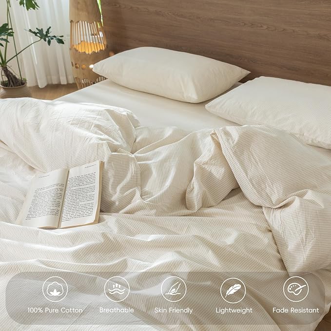 MooMee Striped Duvet Cover Set 100% Washed Cotton Linen Like Textured Breathable Durable Soft Comfy (Almond Milk Grey Pinstripes, Super Queen 90"x98")