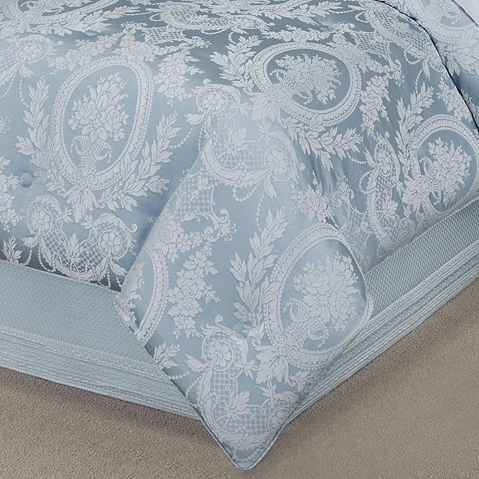 Contessa Luxury Bedding | Iced Platinum and Pastel Powder Blue | Puff Jacquard-Woven Traditional Floral Bouquet and Swag Motifs | 4 Piece Set includes Cal King Comforter, Bedskirt, and 2 King Shams