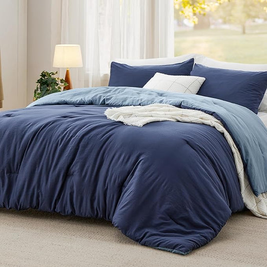 Bedsure California King Comforter Set, Navy Blue Soft Prewashed Bedding for All Seasons, 3 Pieces GentleSoft™ Bed Set, 1 Lightweight Comforter (104"x96") and 2 Pillowcases (20"x36")