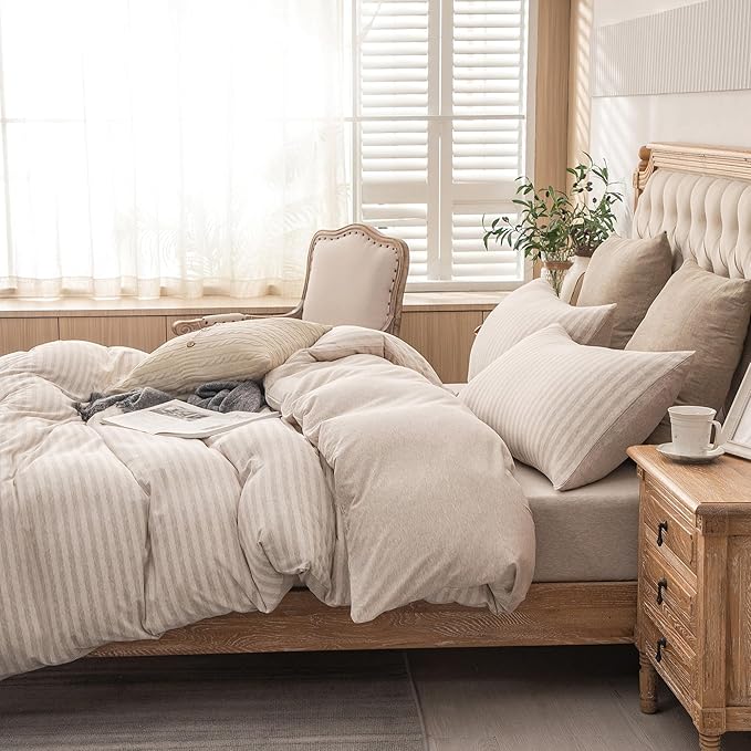 PURE ERA Jersey Knit Duvet Cover Set 100% T-Shirt Heather Cotton Super Soft Comfy Classic Striped Design, with Zipper Closure, Heather Beige Stripe, Cal King