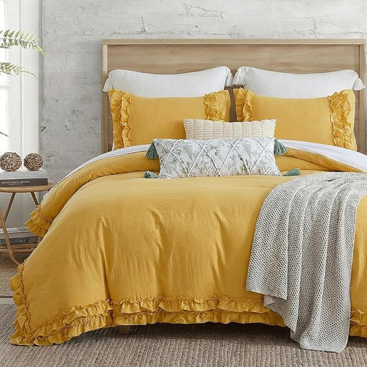 Bedorm Ginger Yellow Bedding Set King Ruffle Duvet Cover Super Soft Cozy Washed Microfiber Bedding Shabby Chic Coquette Decor Farmhouse Boho Duvet Cover Set