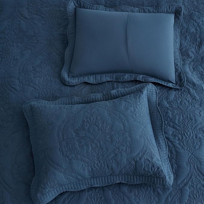 CHIXIN Bedspread Coverlet Set Queen Size - Lightweight Bedding Cover - Beautiful Stitching - 5 Piece Reversible Bedspread - Gorgeous Damask Paisley Pattern (Queen, Navy)