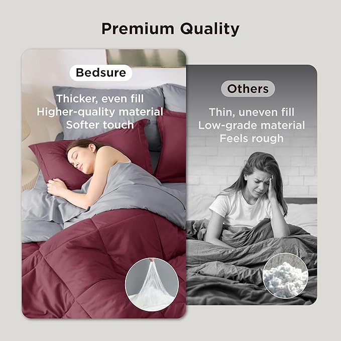 Bedsure Full Size Comforter Set - 7 Pieces Reversible Burgundy Bedding, Full Size Bed Set for All Seasons, Bed in a Bag with Down Alternative Comforter, Sheets, Pillowcases & Shams