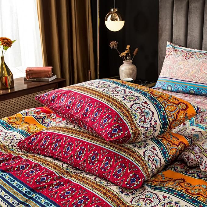 Bohemian Duvet Cover Set King Size Colorful Floral Boho Striped Bedding Set Soft Microfiber Double Duvet Cover Southwestern Indian Tribal Reversible Bedding Exotic Style Decor Boho Comforter Cover