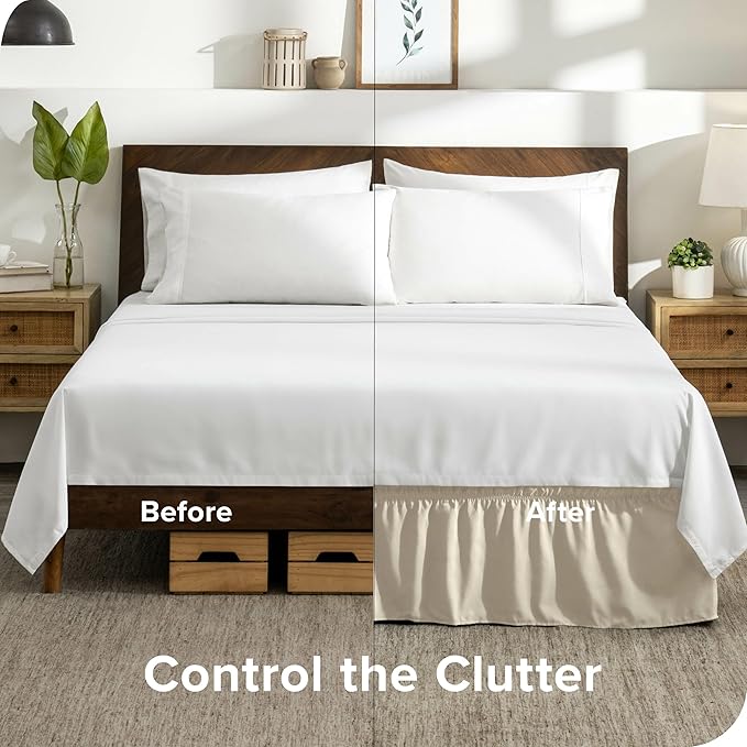 Bare Home Wrap Around Bed Skirt - for King Size Beds with 15 inch Tailored Drop - Easy Fit Elastic Strap - Adjustable and Ruffled Style - Wrinkle, Fade, and Stain Free (King, Sand)