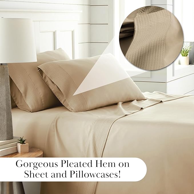 Southshore Fine Living, Inc. Pleated, 3-Piece Twin XL Sheet Set, 21-Inch Deep Pocket Sheets Twin XL Size Bed Set, 1 Fitted Sheet, 1 Oversized Flat, 1 Standard Pillow Case, Beige Sheets, Soft Sand