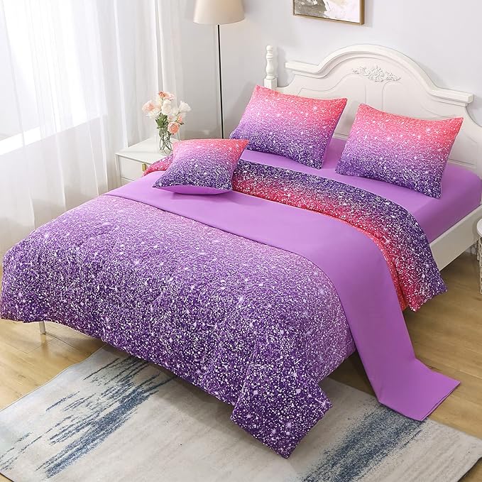 JQinHome Full Size Pink Purple Comforter Set, 6 Piece Bed in A Bag 3D Colorful Bedding Set for Girls Women(1 Comforter,2 Pillowcases,1 Flat Sheet,1 Fitted Sheet,1 Cushion Cover)