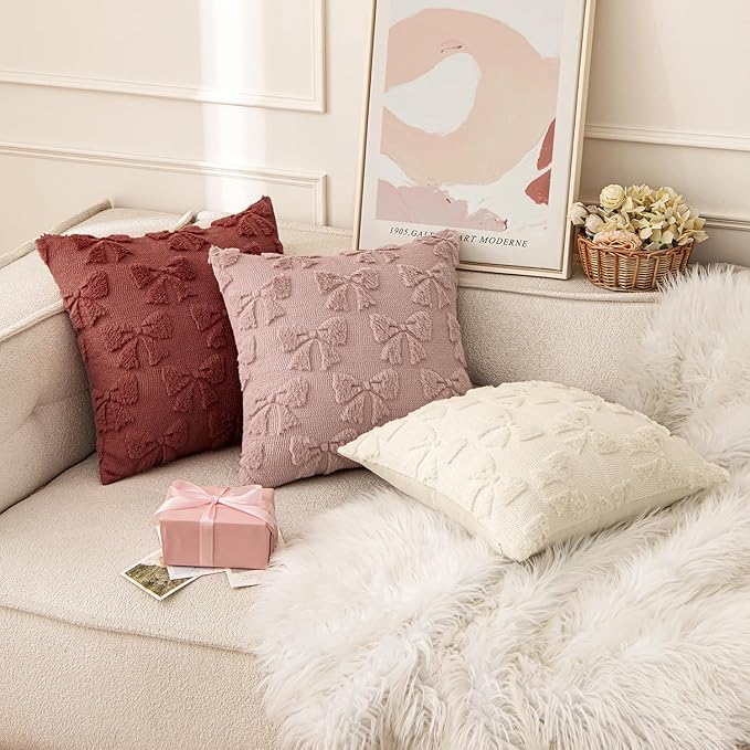 MIULEE Burgundy Bow Pillow Covers Coquette Room Decor Aesthetic Set of 2 Decorative Cute Girl Valentine Throw Pillow Soft Plush Faux Pillowcase for Preppy Room Decor Bedroom Couch,18x18 Inch
