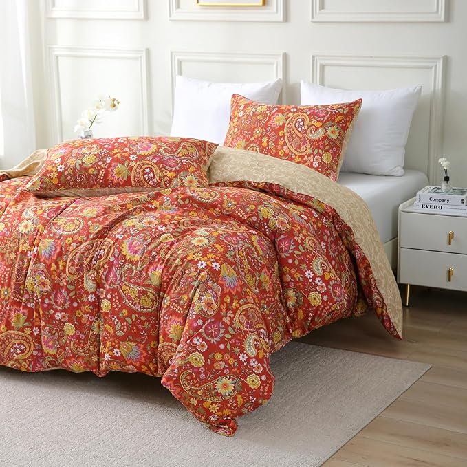 ABREEZE Paisley Bedding Sets 3Pcs Brushed Cotton Duvet Cover Set Full Size Rustic Damask Red Floral Comforter Cover with Zipper Closure Boho Bedding Collections