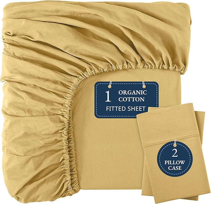 LANE LINEN Fitted Sheet King Size, 100% Organic Cotton, 3-Piece Set (1 Fitted Sheet,2 Pillowcases), Percale Weave, Ultra Soft, Breathable,Fits Mattress Upto 15" Deep - Cocoon (No Flat Sheet)