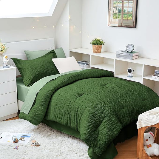 HYMOKEGE Dark Green/Sage Green Twin XL Comforter Set Seersucker 5 Pieces, All Season Luxury Bed in a Bag for Bedroom, Bedding Set with Comforter, Sheets, Pillowcase & Sham
