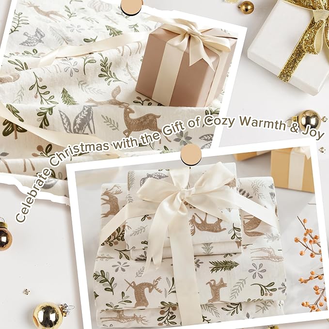 Sleep Philosophy True North 100% Cotton Flannel Sheets Cal King Size, Cozy Flannel Sheet Set Brushed for Extra Softness, Heavyweight Novelty Print Warm Flannel Bedding Set, Tan Woodland Winter 4 Piece