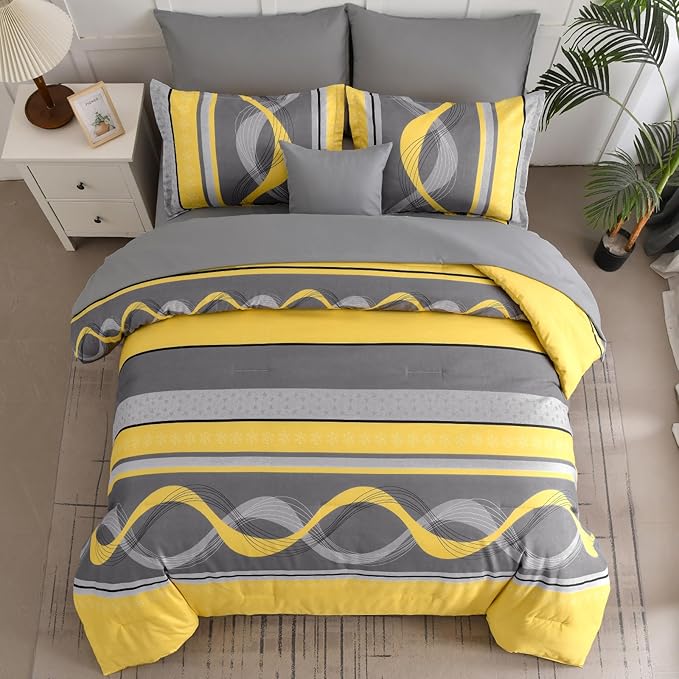 Anibedding Yellow Comforter Set King Size,8 Pieces Bed in a Bag Patchwork Striped Bedding Sets,Boho Soft Microfiber Bedding Set for All Season(104"×90")