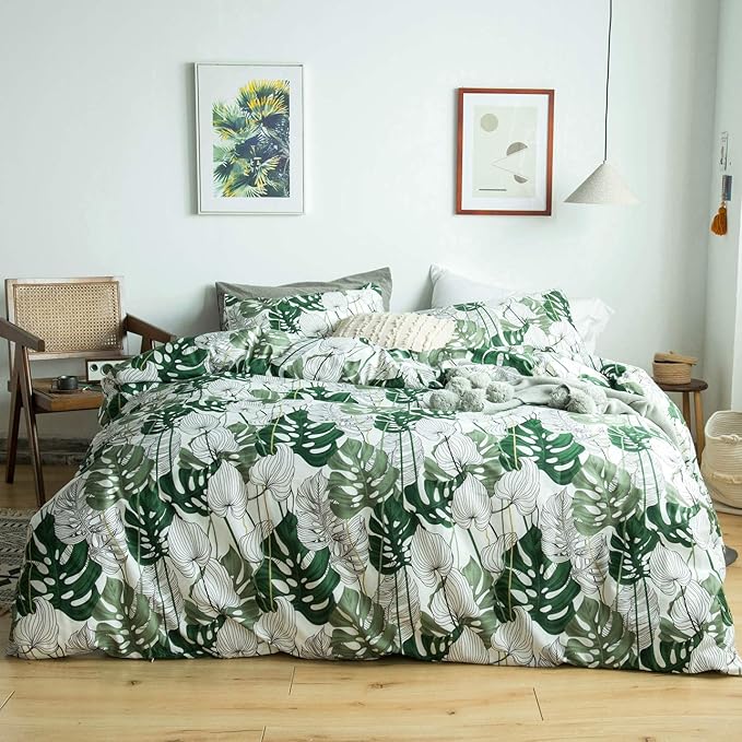 YuHeGuoJi Green Botanical Duvet Cover King 100% Cotton 3 Pcs Set 1 Tropical Monstera Duvet Cover with Zipper Ties 2 Pillowcases Coastal Hawaiian Plant Leaves Bedding Set Soft