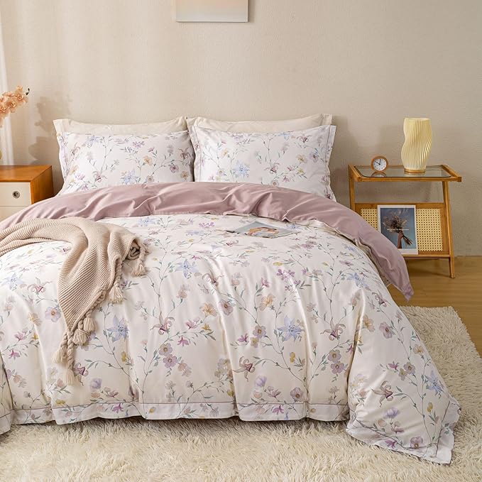 OAITE Duvet Cover Set Twin Size Floral Pattern Ultra Soft 100% Cotton Duvet Cover Sets 3-PC, Breathable Duvet Cover with Zipper Closure & Corner Ties(2 Pillow Shams,1 Duvet Cover)