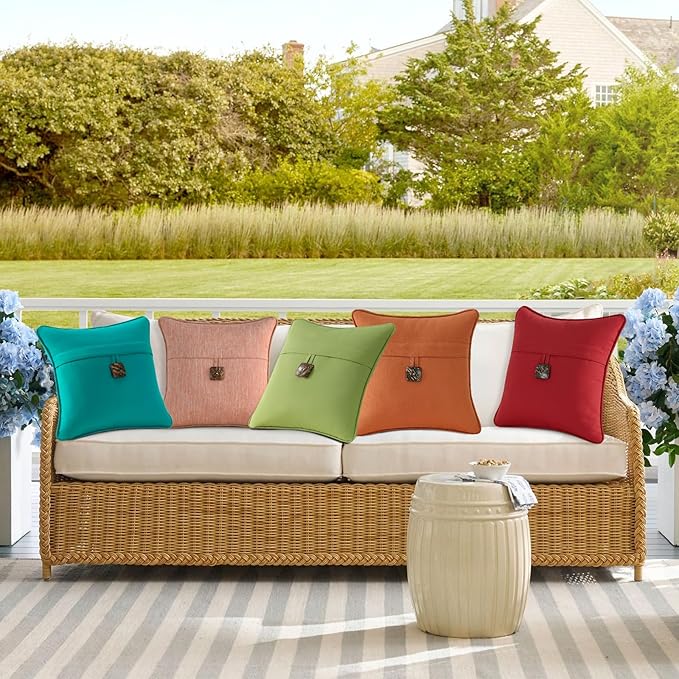 Outdoor Sunbrella Decorative Pillows with Coconut Button Pack of 4, 16" x 16" Outdoor Pillow Set for Couch Bed Throw Patio Sofa, Canvas Jockey Red