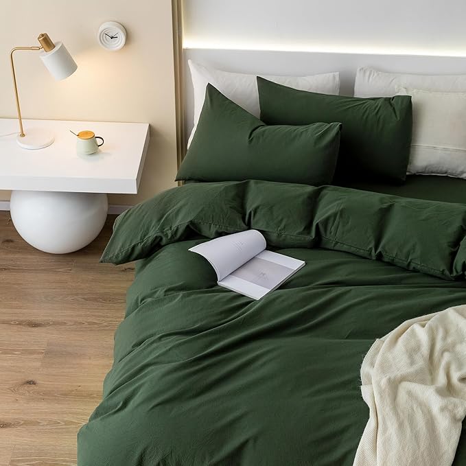 JIYUAN 100% Washed Cotton Duvet Cover Set Queen Size 3 Pieces, Linen Feel Soft Breathable Bedding Set with Zipper Closure, 90x90 Duvet Cover (Comforter Not Included) & 2 Pillowcases,Forest Green