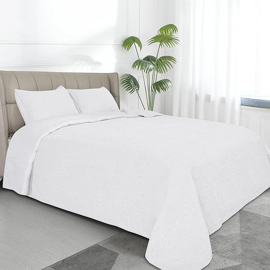 Easy-Going Full/Queen Size Reversible Quilt Set with 1 Quilt and 2 Pillow Shams, Soft Bed Quilt Cover, Water Resistant Lightweight Microfiber Bedspread, Stain Resistant, Damask-White/White