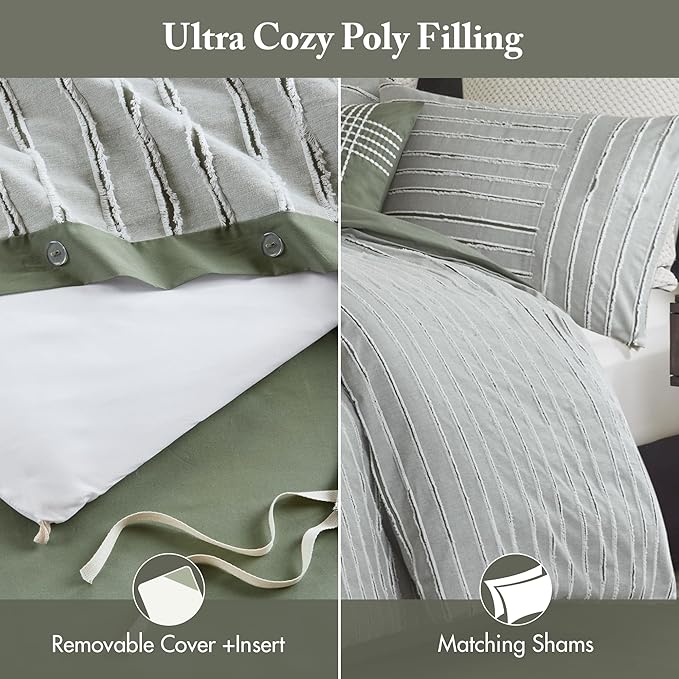 Madison Park Comforter Set Cotton Clipped Jacquard, Oversized Comforters, All Season Down Alternative Overfilled King Size Comforter, Essence, Green 9 Piece