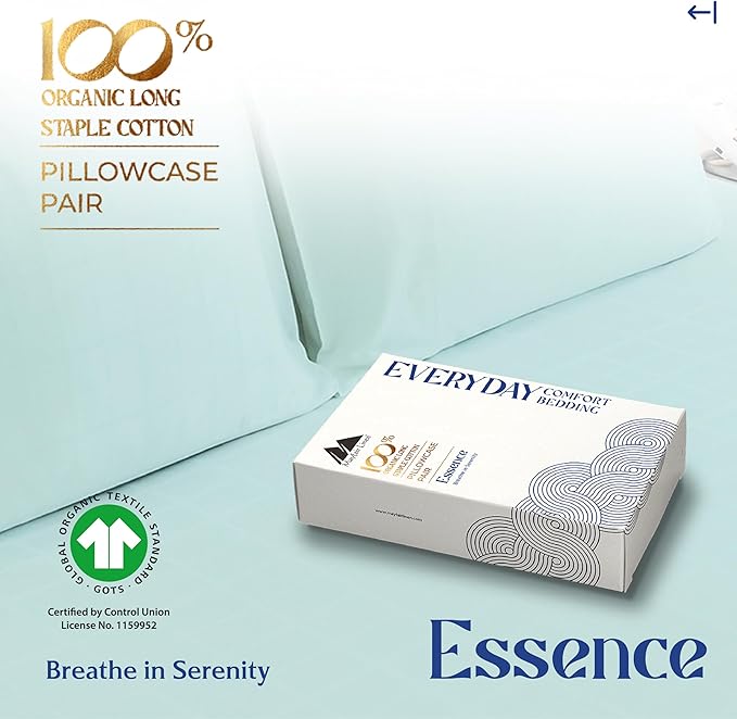 Mayfair Linen 100% Organic Cotton King Size Pillow Cases Set of 2 - Ultra Soft Hotel Quality King Pillow Covers, Authentic GOTS Certified, Crisp, Cooling Percale Weave Cotton Pillowcases - Sea Foam