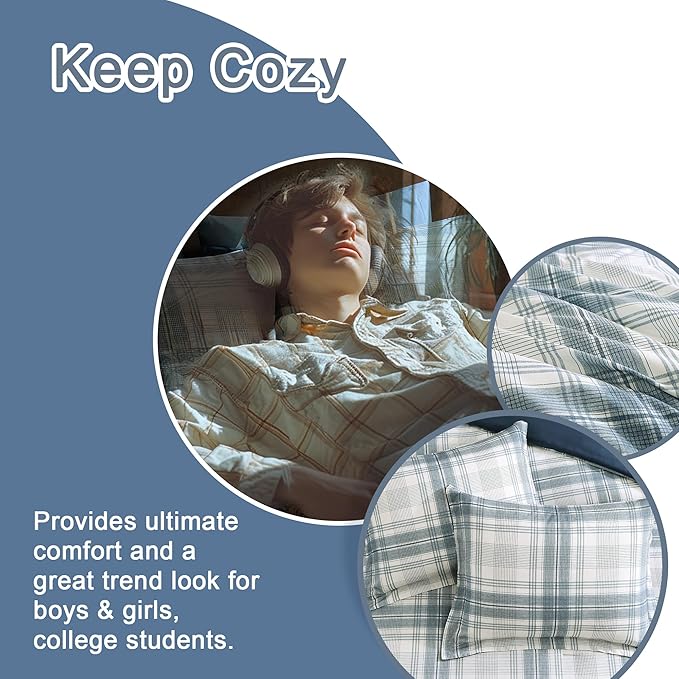 Twin XL Comforter Set, Blue Grey Plaid Bedding Set 5 Piece for Boys Girls Teen, Classic Homestead-Style Kids Comforter Set Bed in A Bag with Sheets, Pillowcase & Sham
