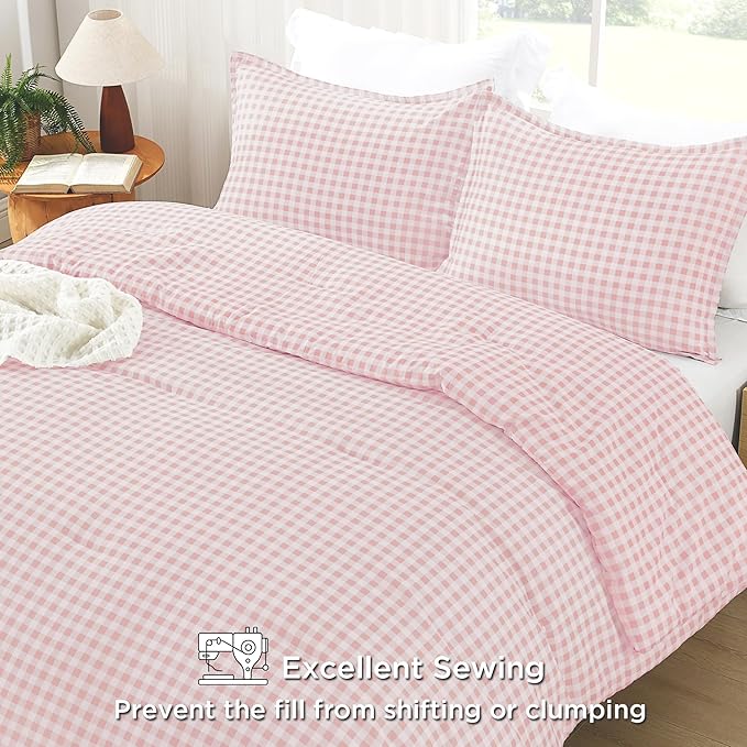 Andency Pink Gingham Comforter Set Twin(66x90Inch), Blush Checkered Grid Plaid Buffalo Bed Set for Girls Boys Kids Teens, 2 Pieces Lightweight Microfiber Geometric Preppy Bedding