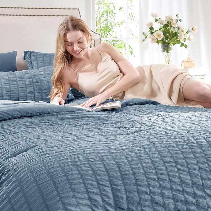 CozyLux Grayish Blue Queen Comforter Set Seersucker 7 Pieces Dusty Blue Bed in a Bag Queen Comforter Set with Sheets, Luxury Bedding Set with Down Alternative Comforter, Sheets, Pillowcases & Shams