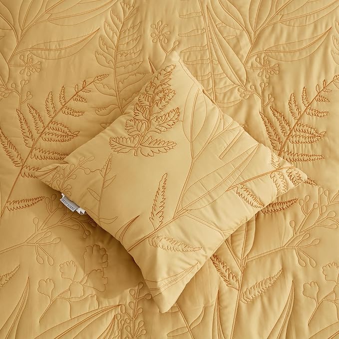 Botanical Oversized Bedspread Queen Size - Leaves Pattern Stitching Quilt Set - Elegant & Fresh Style Bedding Coverlets, Reversible, Lightweight, 5 Piece, Honey Gold