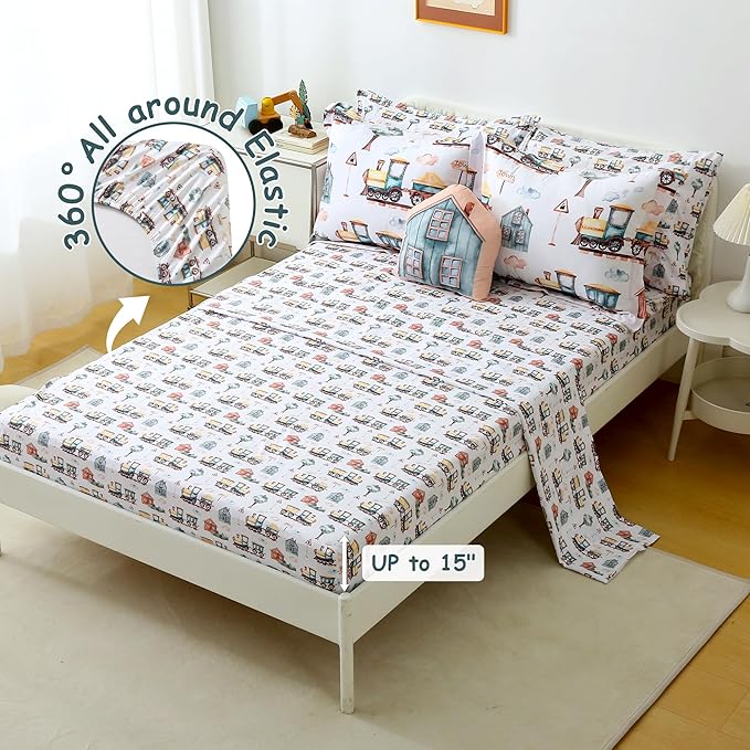 Mooreeke Kids Twin Comforter Sets for Boys 6 Pieces Train Bedding Set for Teens Microfiber Country Train Town Kids Bed in A Bag with Comforter, Sheet Set, Shams and Decorative Toy Pillow All Season
