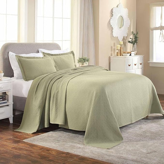 Superior 3 Piece Basketweave Cotton Bedspread Set, Home Bed Decor, Decorative Bed Spread, 2 Pillow Shams, Medium Weight Blanket, Matelasse Coverlet Bedding, Geometric Lattice Pattern, King, Sage