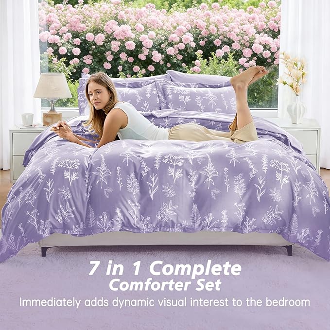 MUXHOMO Lavender Purple Bed in a Bag Queen 7 Pieces, Queen Comforter Set Reversible Botanical Flowers Design, Ultra Soft & Breathable Bedding Sets with Comforter, Sheets, Pillowcases & Shams