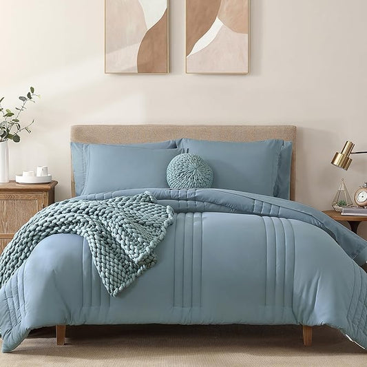 Monbix Queen Comforter Set - 7 Pieces Dusty Blue Bed in a Bag Queen Bedding Sets with Comforters, All Seasons Comforter Bed Set with Sheets, Pillowcases & Shams