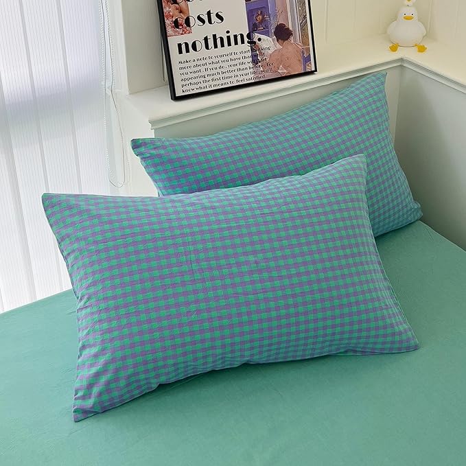 LifeTB Twin XL Comforter Set Green Gingham Bedding Comforter with 2 Pillowcases Geometric Checkered Plaid Comforter Set for All Season Green Purple Grid Printed Fluffy Soft Lightweight Bedding Set