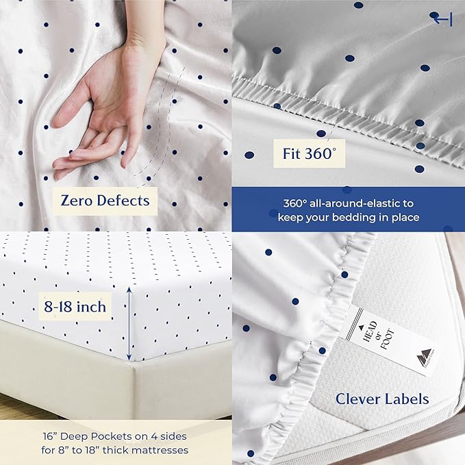 Mayfair Linen 100% Organic Cotton Printed Sheets California King Size - 4 PC Organic Cotton Cal King Percale Weave Sheet Set, Soft, Cooling & Crisp, 16" Deep Pocket Bedding Set - Polka Dot - Navy