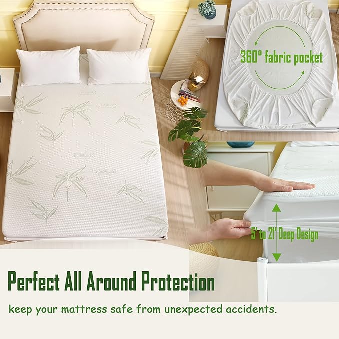 Cal King Size Waterproof Mattress Protector, Premium Cooling Viscose from Bamboo Mattress Pad, Breathable, Noiseless, Cooling & Machine-Washable Bed Cover with 21" Deep Pocket
