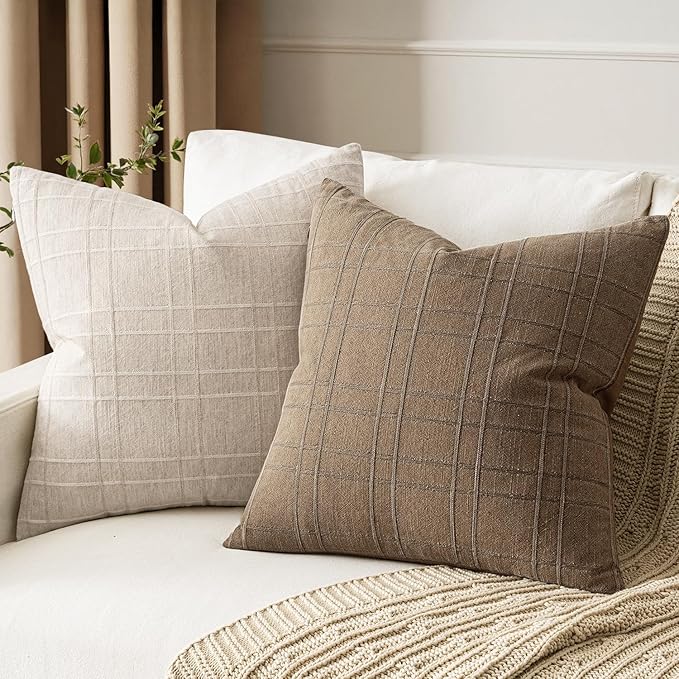 MIULEE Decorative Linen Check Euro Shams Throw Pillow Covers Neutral Farmhouse Vintage Pillow Covers 28x28 Set of 2 Boho Modern Winter Home Decor for Sofa Couch Bedroom Cushion Light Brown