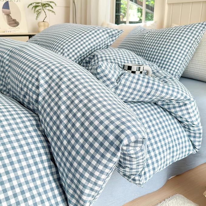 Gingham Duvet Cover King 100% Washed Cotton Blue Plaid Duvet Cover 3 Pieces Boho Grid Comforter Cover with 2 Pillowcases Luxury Soft Gingham Bedding Set Buffalo Grid Duvet Cover King Size