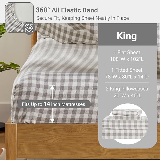 Sleep Philosophy True North 100% Cotton Flannel Sheets King Size, Cozy Flannel Sheet Set Brushed for Extra Softness, Heavyweight Novelty Print Warm Flannel Bedding Set, Gray Herringbone Check4 Piece