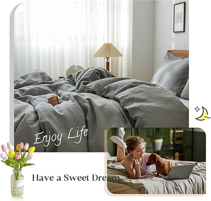 Simple&Opulence 100% Linen Duvet Cover Set, 3 PCS Ultimate Grey Duvet Cover Queen Size, Breathable Soft Comfy Linen Bedding Comforter Cover with 2 Pillowcases(Ultimate Grey, 88"x92")