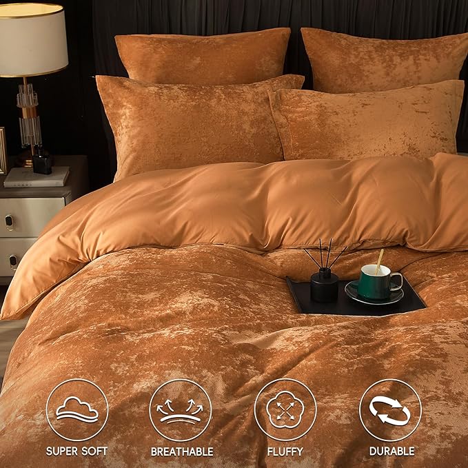 PHF Truly Velvet Duvet Cover Set King Size, 3pcs Ultra Soft Breathable Comforter Cover Set, Luxury Cozy Flannel Duvet Cover with Pillow Shams Bedding Collection, 104" x 90", Brown Sugar