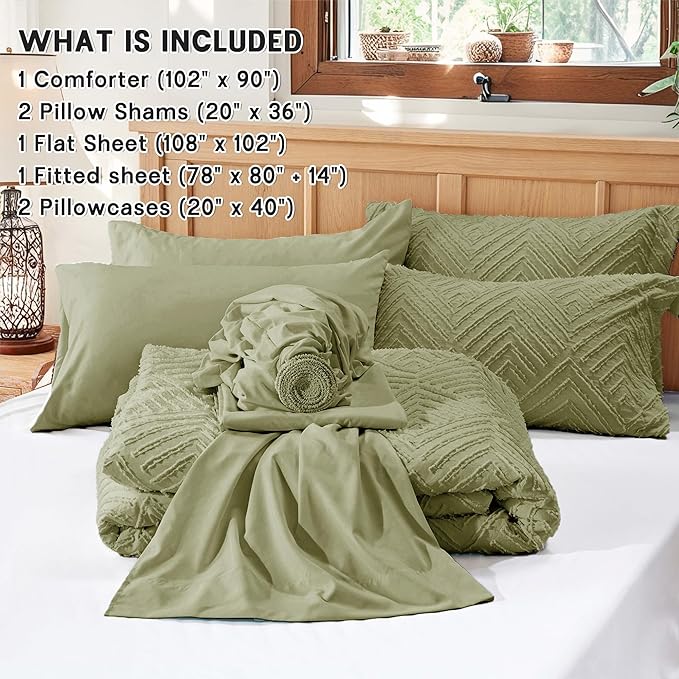 Zzlpp King Comforter Set 7 Pieces, Army Green Tufted Bed in a Bag with Comforter and 2 Sheets, All Season Boho Bedding Sets with 1 Comforter, 2 Pillow Shams, 2 Pillowcases