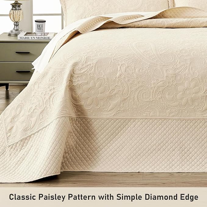 Qucover Oversized King Bedspreads 128x120, Soft Microfiber Ultrasonic Quilting Paisley Pattern California King Quilt Sets Oversized, 3 Piece Oversized Coverlet Bedding, Beige