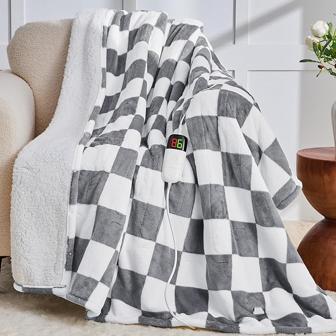 Heated Electric Blanket Throw, 50X60 Heating Blanket with 10 Heat Level & 8 Hour Auto Off for Lap, Light Gray Checkered Plaid Sherpa Blankets Warmer Gift for Couch Grandma Women Adults Washable
