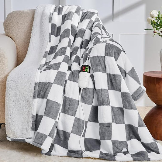 Heated Electric Blanket Twin Size, 62X84 Heating Blanket with 10 Heat Level & 8 Hours Auto Off, Light Gray Checkered Plaid Soft Fleece Sherpa Blankets Warmer Gifts for Couch Grandma Women Adults