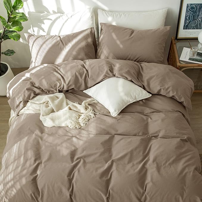 MooMee Bedding Duvet Cover Set 100% Washed Cotton Linen Like Textured Breathable Durable Soft Comfy (Mocha Brown, Alaska King)