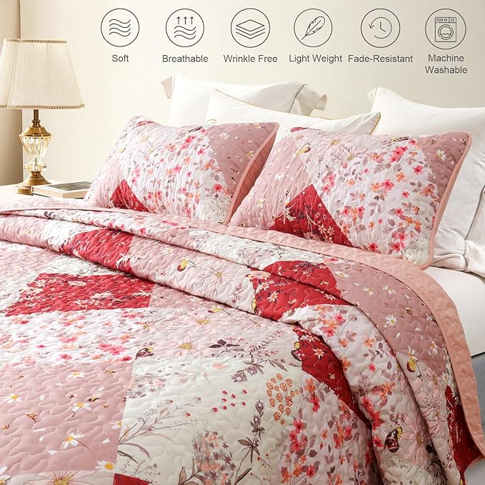 Whale Flotilla Patchwork Quilt Twin Size, Extra Soft Boho Floral Bedspreads for Bed Reversible Lightweight Twin Quilt Bedding Set Printed Coverlets with 1 Pillow Sham for All Seasons, Red