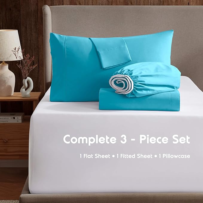 Nestl Twin Sheet Set - 1800 Ultra-Soft Microfiber Twin Bed Sheets - Double Brushed - Deep Pockets - Easy Fit - Extra Soft - 3 Piece Set - Bedding Sheets & Pillowcases (Twin, Bright Blue)