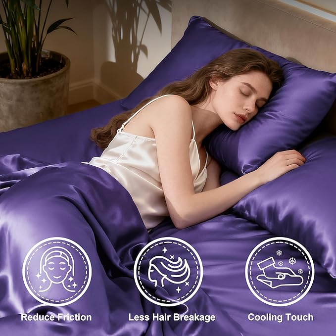 Love's cabin Satin Queen Sheets Set - 4 Piece Purple Silky Bed Sheets Set with Deep Pocket, Luxury Silk Feel Satin Queen Size Sheet Set (1 Flat Sheet,1 Fitted Sheet,2 Pillow Cases)